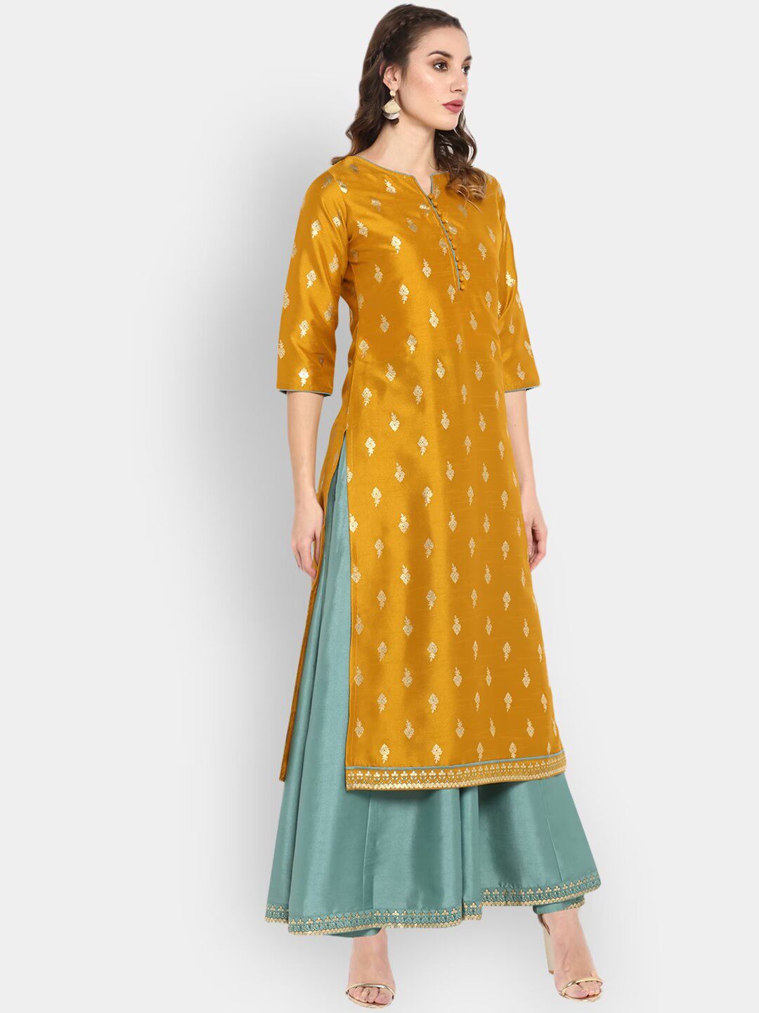 C2-1-4 INDIAN IMPORTED ETHNIC STYLE WOMENS CLOTHING PRINTED THREE-QUARTER SLEEVE PULLOVER ROUND NECK DRAPE TWO-PIECE SET LONG YELLOW