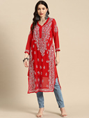 乔其纱中长款 印度风情日常女装 纯手工刺绣上衣红色 4进口新款 A10