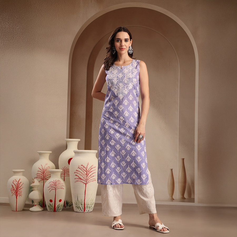 印度风服装女新款进口日常经典款印花薄款无袖紫色纯棉中长款上衣