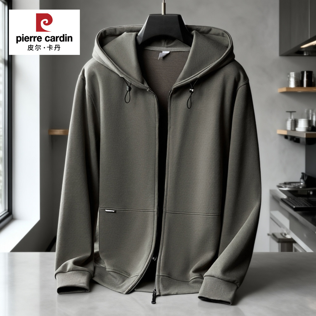 皮尔卡丹卫衣男士宽松休闲运动连帽夹克春秋开衫中年爸爸长袖外套