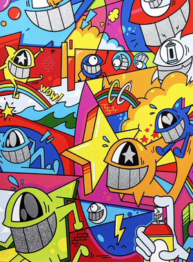 AR限量版画会动的画 西班牙艺术家Pez快乐的鱼亲签证书街头艺术