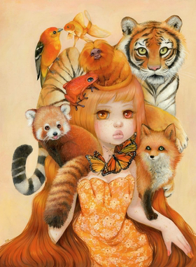 插画家Camilla d'Errico正品橙色版画卡通动漫装饰画芭比粉壁画