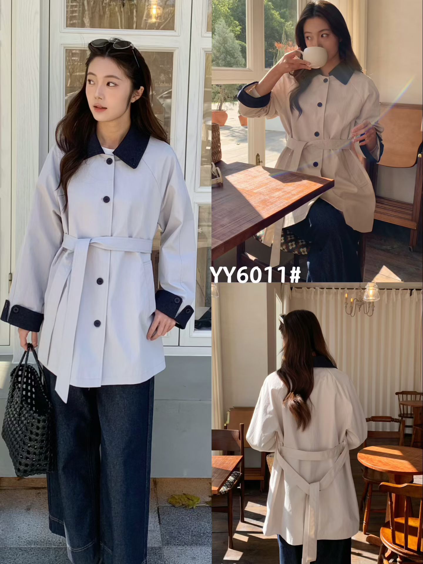 6011春装新款韩版休闲时尚百搭显瘦宽松拼接棉料风衣外套女