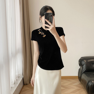 新中式国风植绒金枝绿叶钉珠设计感小众2025秋季新款收腰显瘦上衣