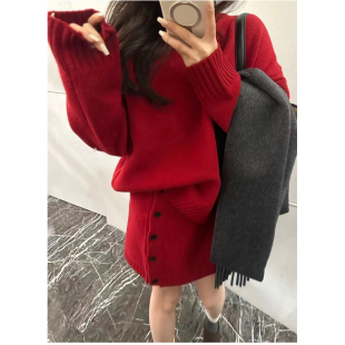 短裙套装 欧洲站2024冬季 休闲圆领羊毛针织衫 欧货女潮时尚 新款