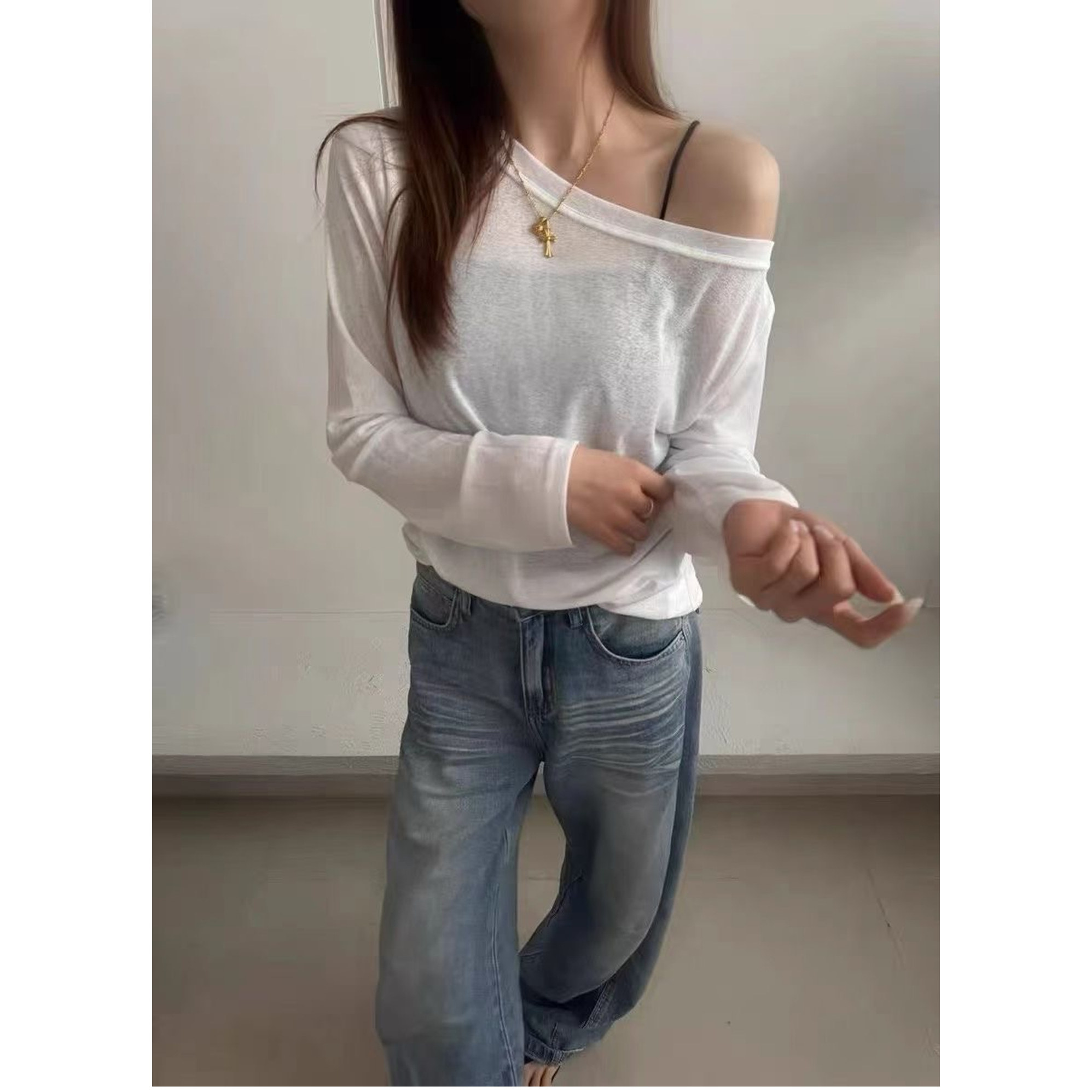 欧洲站2026夏季新款欧货女宽松休闲斜领露肩长袖防晒衣T恤面膜衣