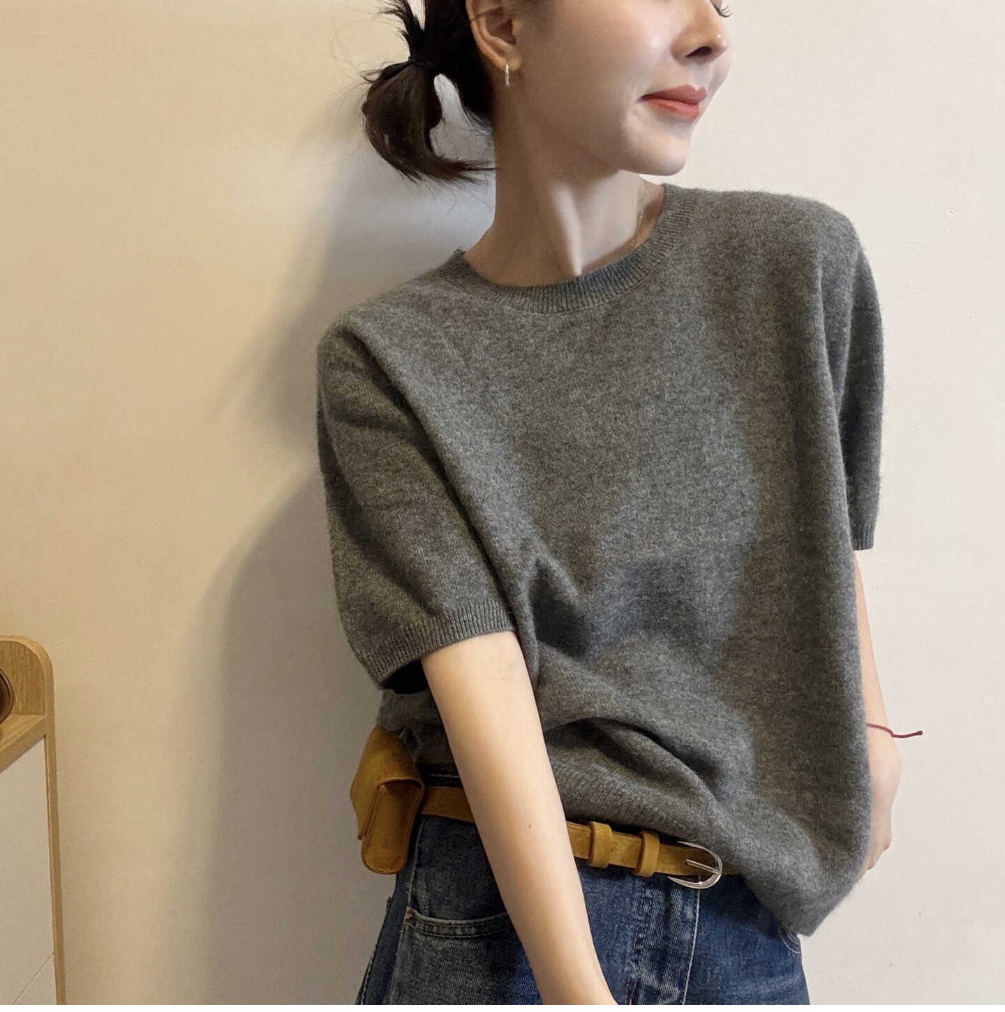 纯色圆领短袖拉毛毛衣女欧洲站2026秋季新款欧货套头针织衫上衣