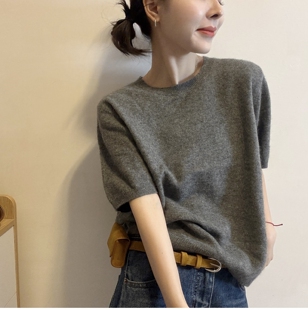 纯色圆领短袖拉毛毛衣女欧洲站2026秋季新款欧货套头针织衫上衣