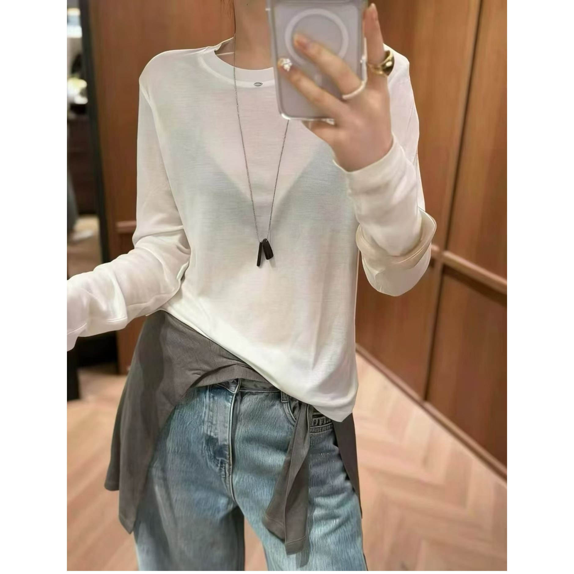 欧洲站2026春季新款女纯色百搭休闲圆领长袖天丝T恤打底衫面膜衣
