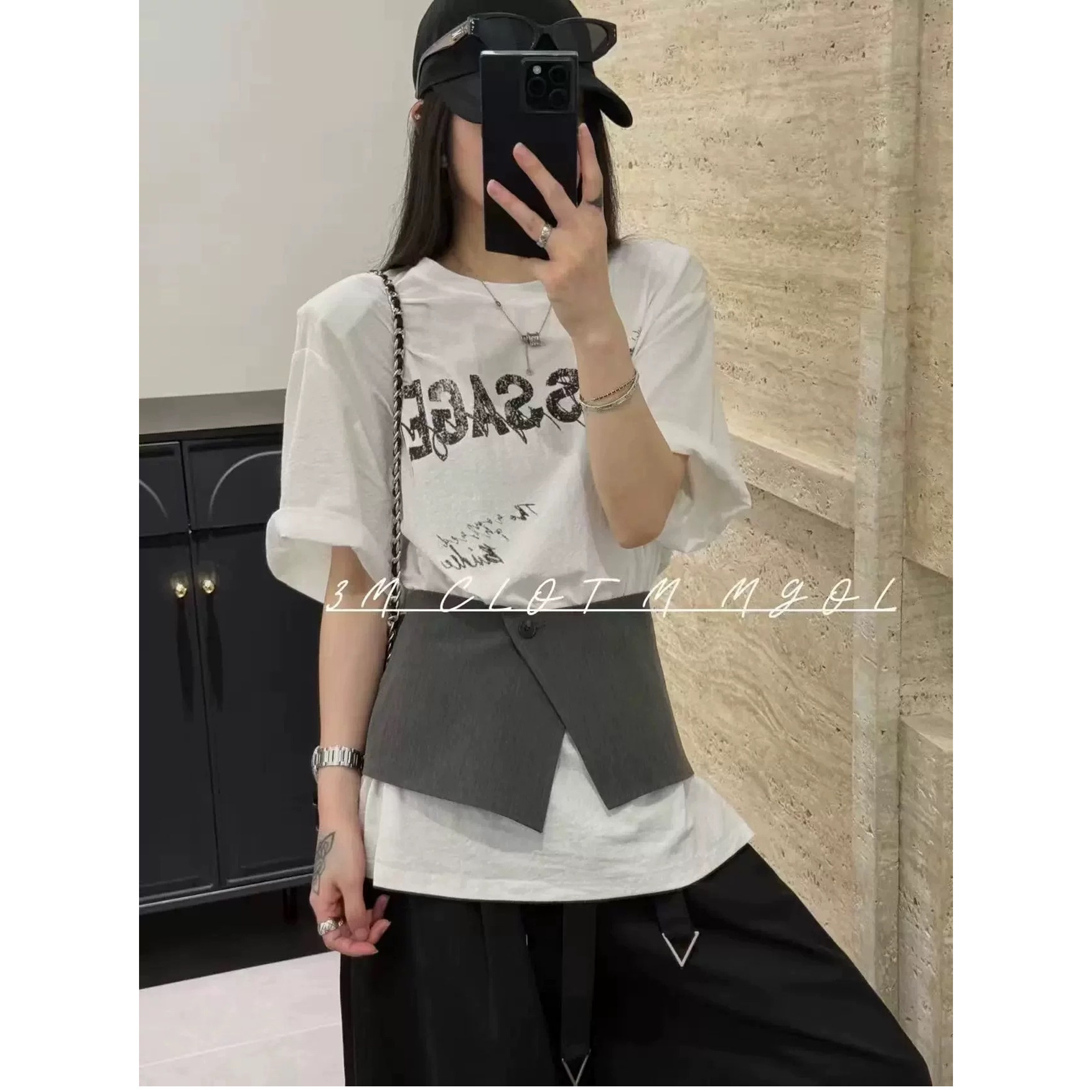 欧洲站2026夏季新款欧货女潮时尚洋气字母印花圆领短袖T恤两件套