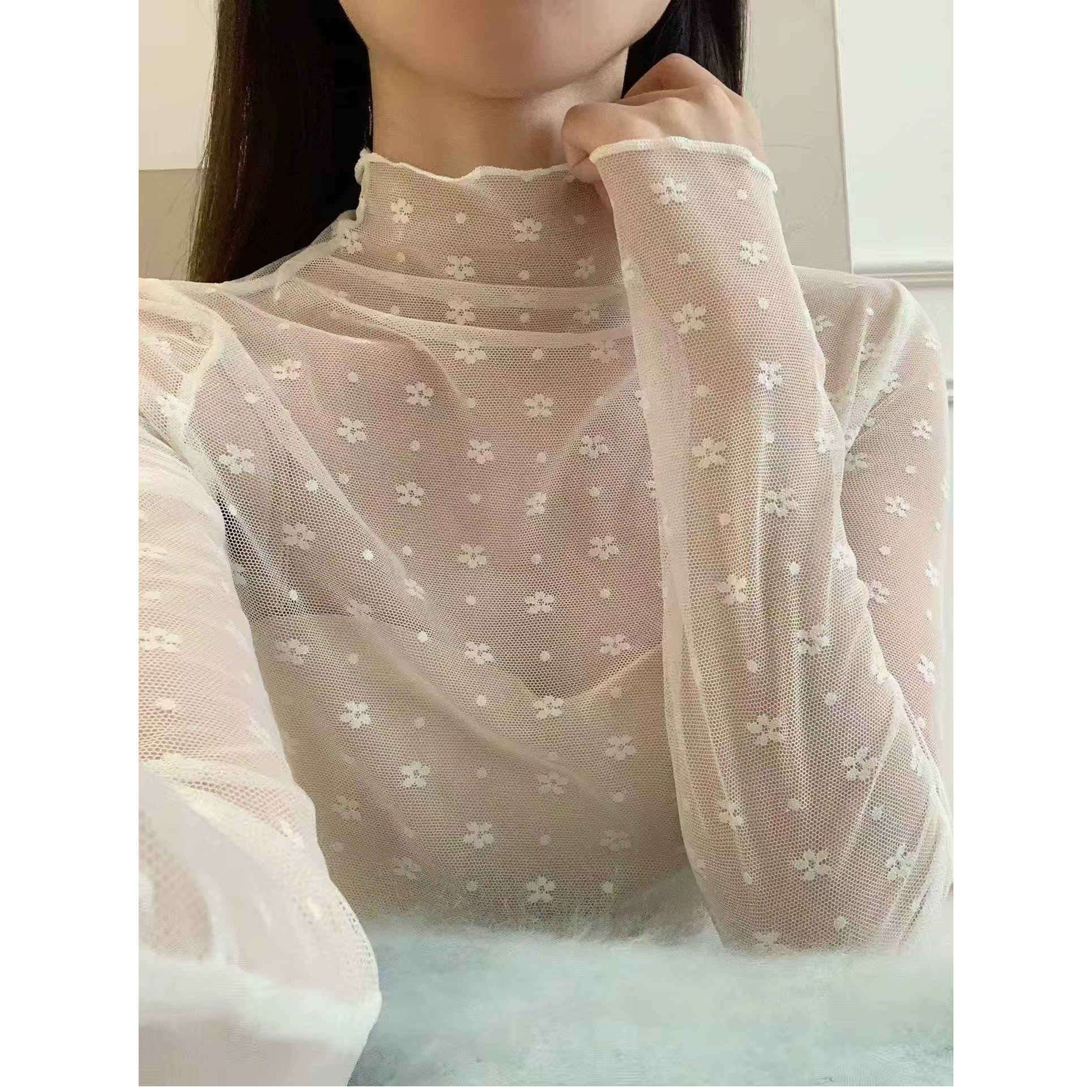 韩版花朵刺绣半高领蕾丝衫女欧洲站2026秋季新款欧货内搭打底衫潮