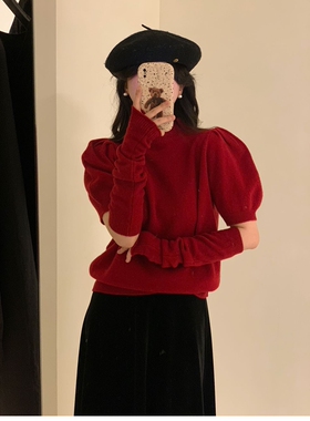 欧洲站2023秋季新款欧货女韩版时尚袖套立领泡泡袖羊绒针织衫上衣