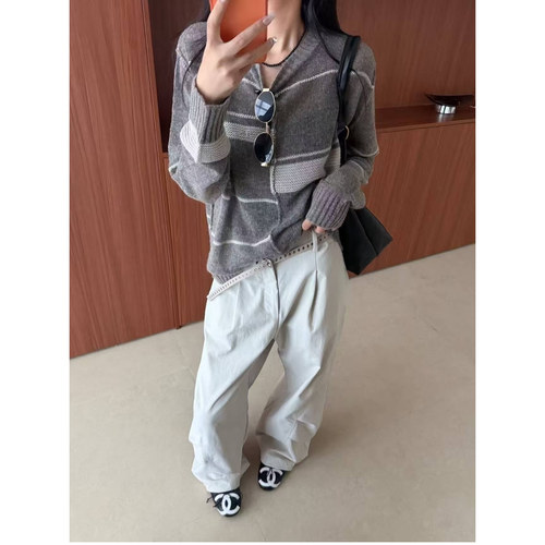 复古拼条圆领长袖羊毛针织衫女欧洲站2026秋季新款欧货套头毛衣