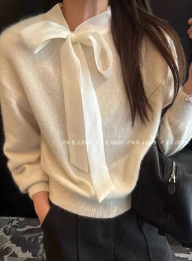 欧洲站2025秋冬新款欧货女法式气质蝴蝶结飘带套头羊毛毛衣针织衫