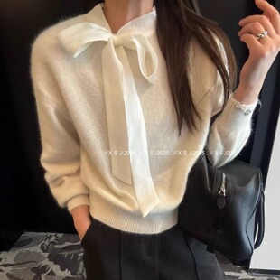 欧洲站2025秋冬新款欧货女法式气质蝴蝶结飘带套头羊毛毛衣针织衫