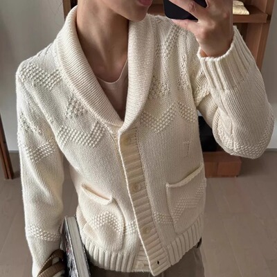 欧洲站2025冬季新款女潮复古休闲老钱风翻领羊毛针织开衫毛衣外套