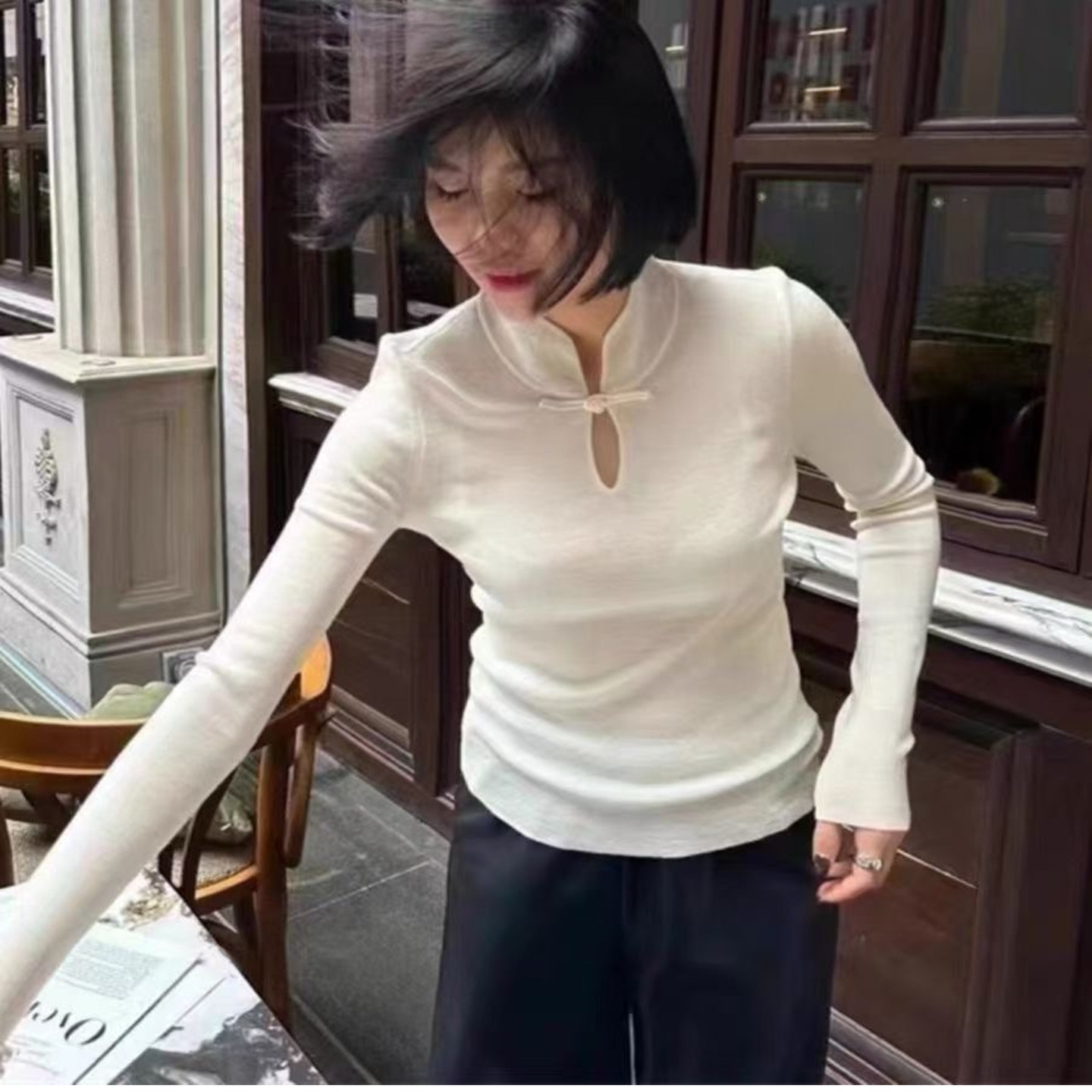 欧洲站2025秋冬新款欧货女潮新中式复古盘扣立领打底羊毛针织衫