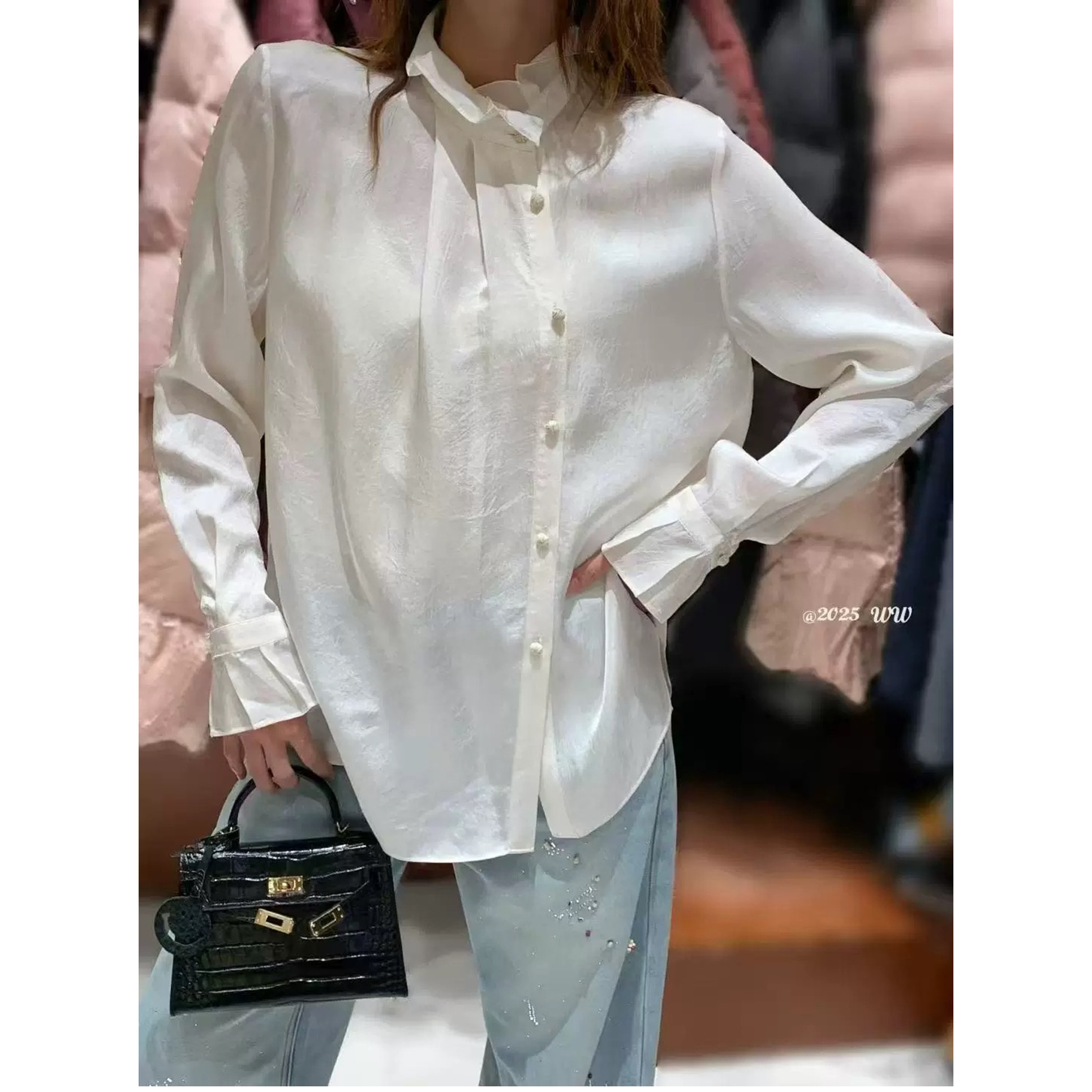 欧洲站2026早春新款欧货女潮法式花边领木耳边喇叭袖绸面长袖衬衫,女装/女士精品,衬衫,淘宝优惠券,粉丝福利购,淘宝优惠卷