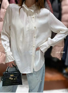 欧洲站2026早春新款欧货女潮法式花边领木耳边喇叭袖绸面长袖衬衫