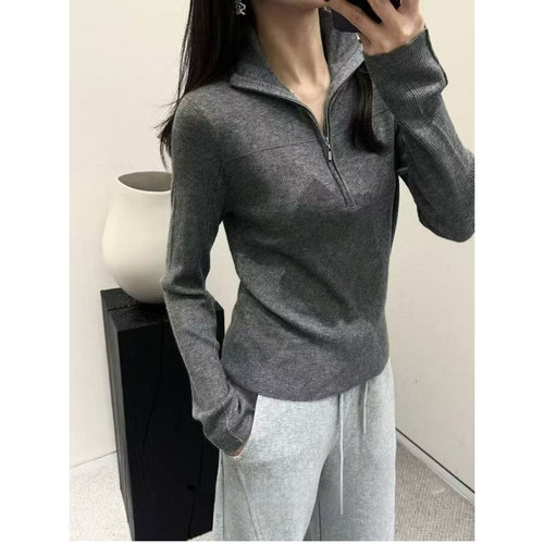 欧洲站2025秋冬新款欧货女纯色百搭修身半拉链立领套头羊毛针织衫