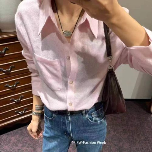 欧洲站2025秋季新款欧货女纯色百搭设计感侧纽扣羊毛针织开衫衬衫