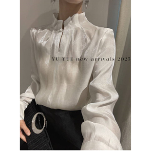 欧洲站2025冬季新款欧货女潮法式木耳边立领套头长袖天丝衬衫上衣