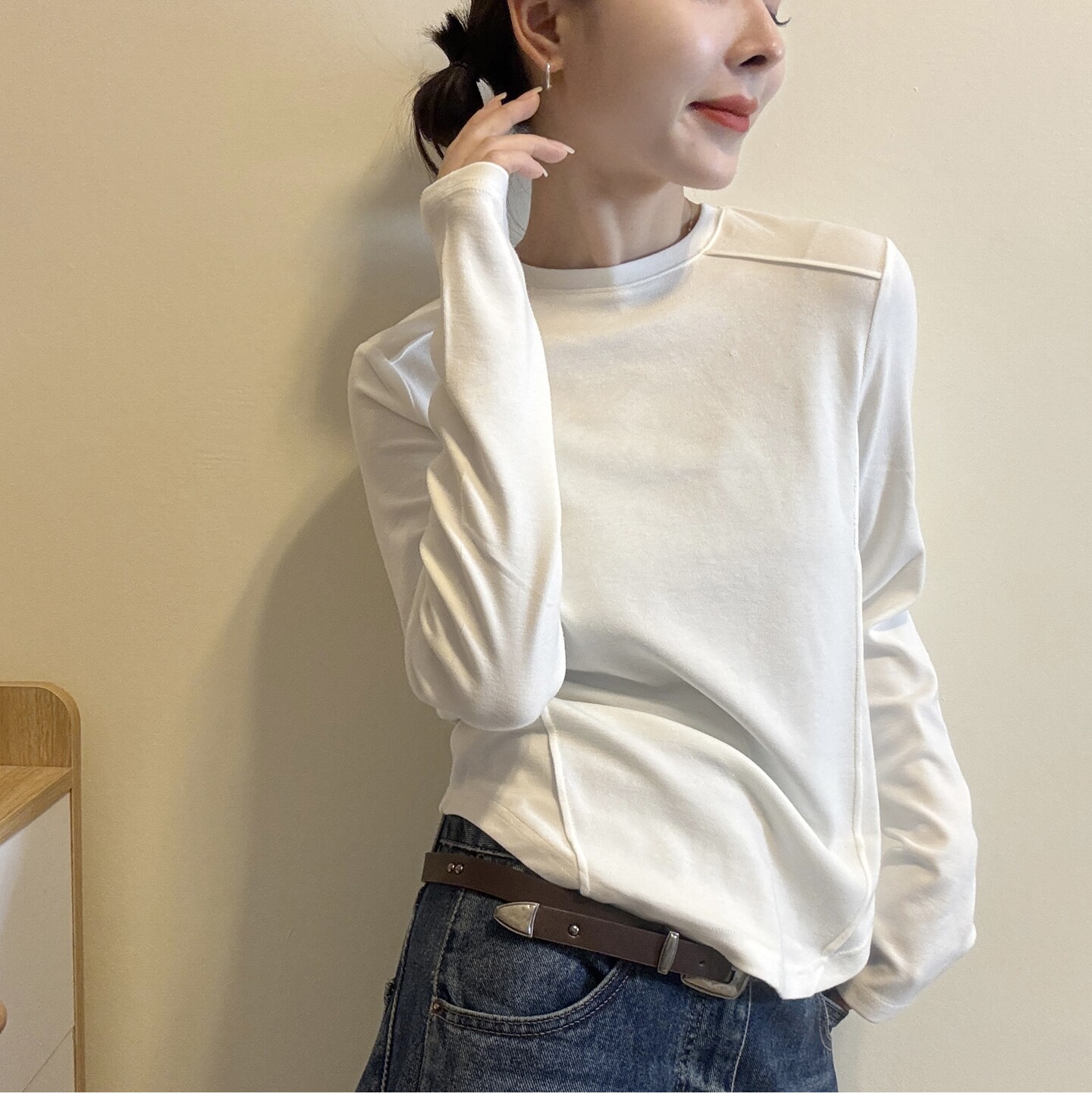 纯色百搭拼条圆领长袖T恤女欧洲站2026秋季新款欧货打底衫上衣