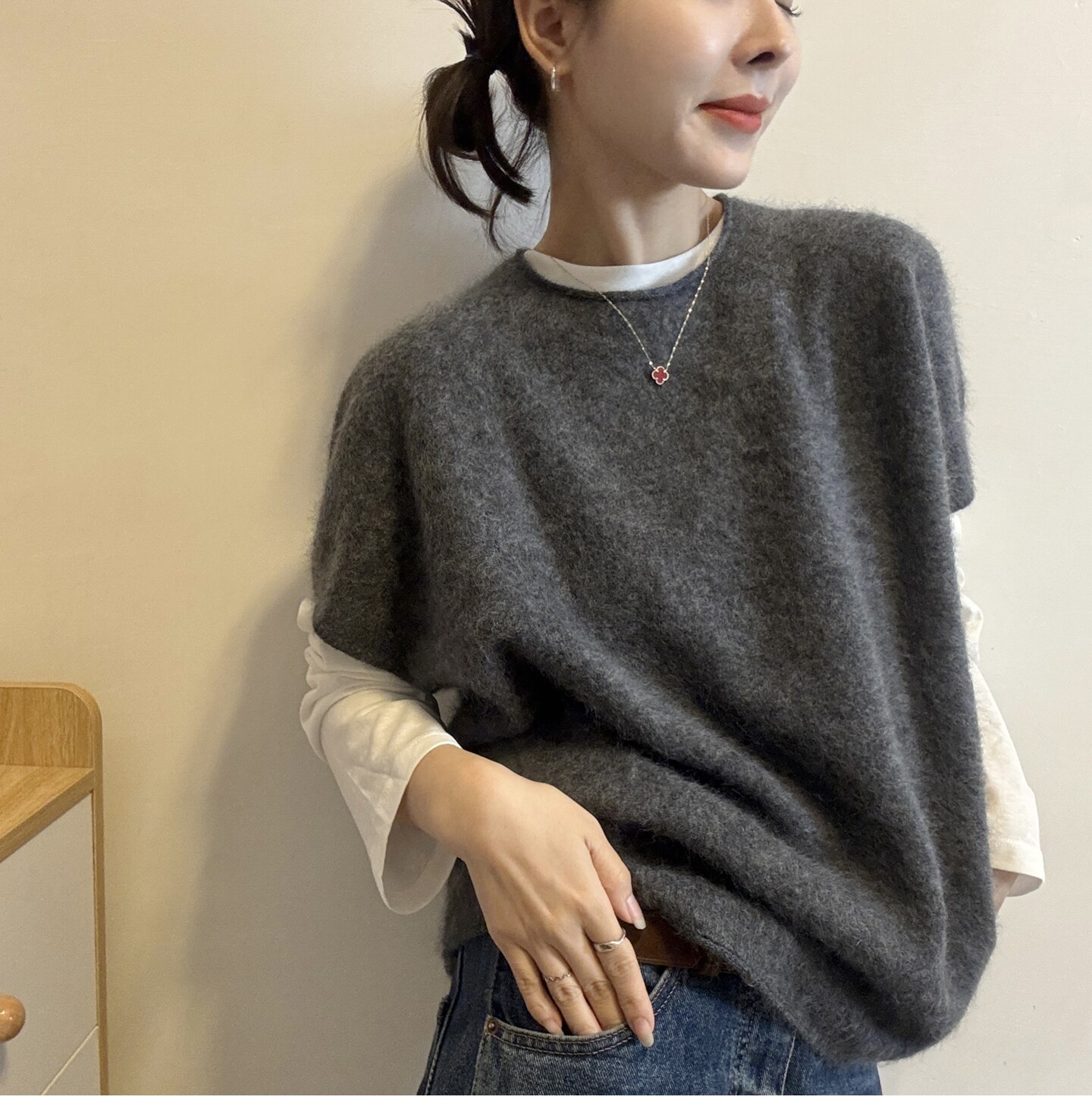 纯色百搭卷边圆领短袖羊毛针织衫女欧洲站2026秋季新款套头毛衣