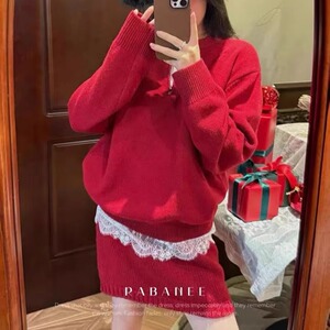 欧洲站2024冬季新款欧货女潮时尚半拉链圆领羊毛衫+针织短裙套装