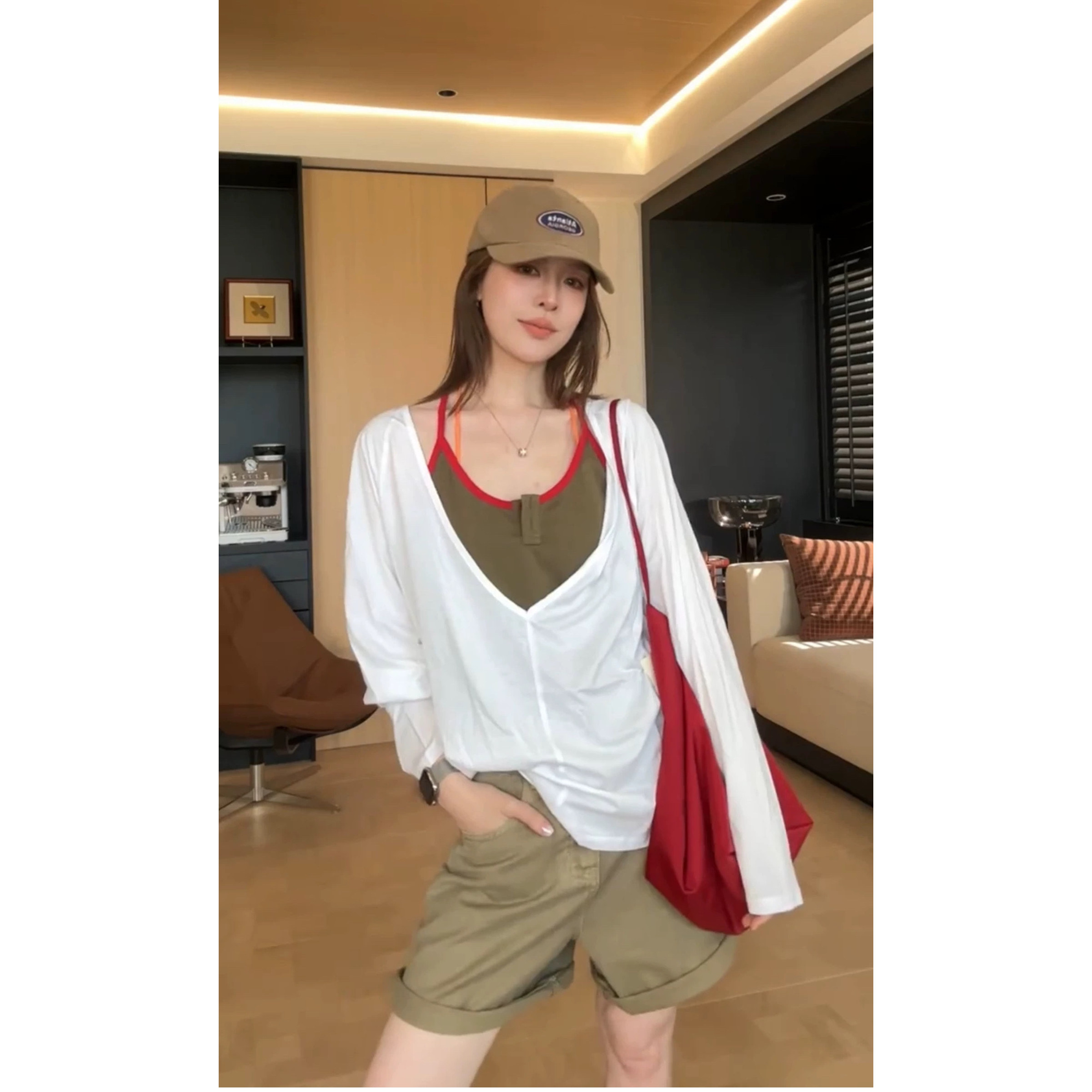 欧洲站2026夏季新款女韩版宽松拼色吊带背心+长袖T恤防晒衣两件套