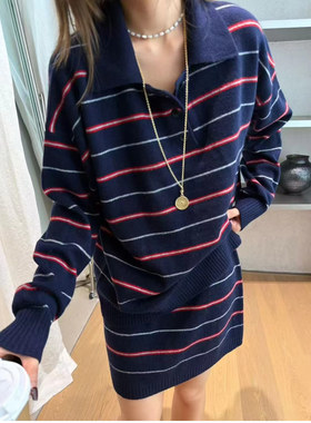 宽松休闲撞色条纹POLO领羊毛衫+针织短裙套装欧洲站2026秋季新款