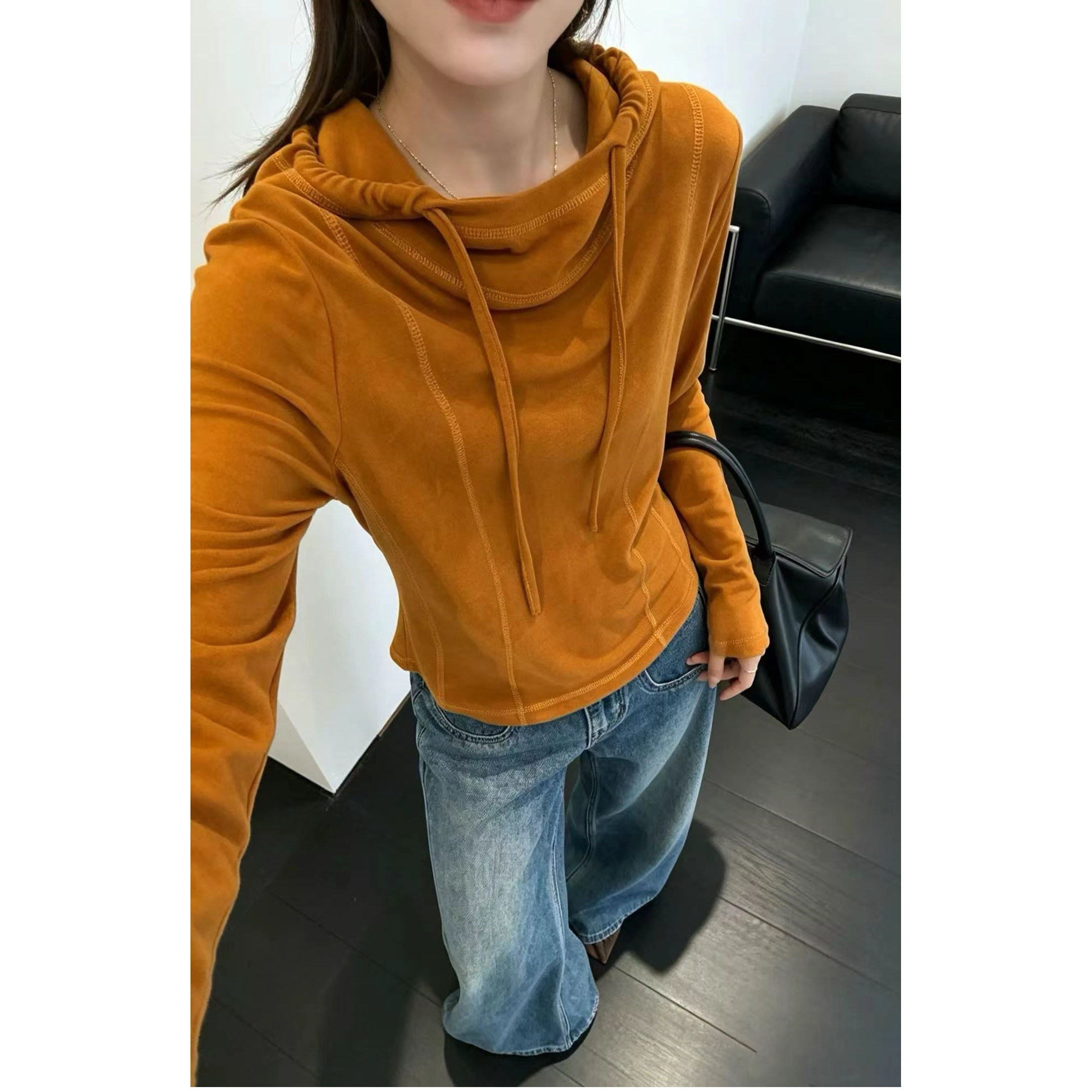 纯色百搭磨毛长袖连帽体恤女欧洲站2026秋季新款欧货打底衫上衣潮