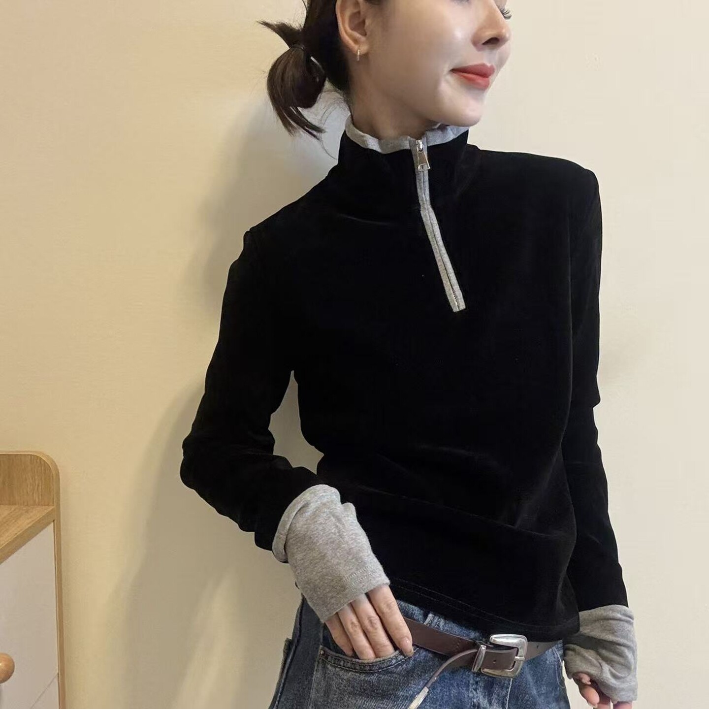 休闲半拉链立领丝绒T恤女潮欧洲站2026秋季新款欧货打底衫上衣潮