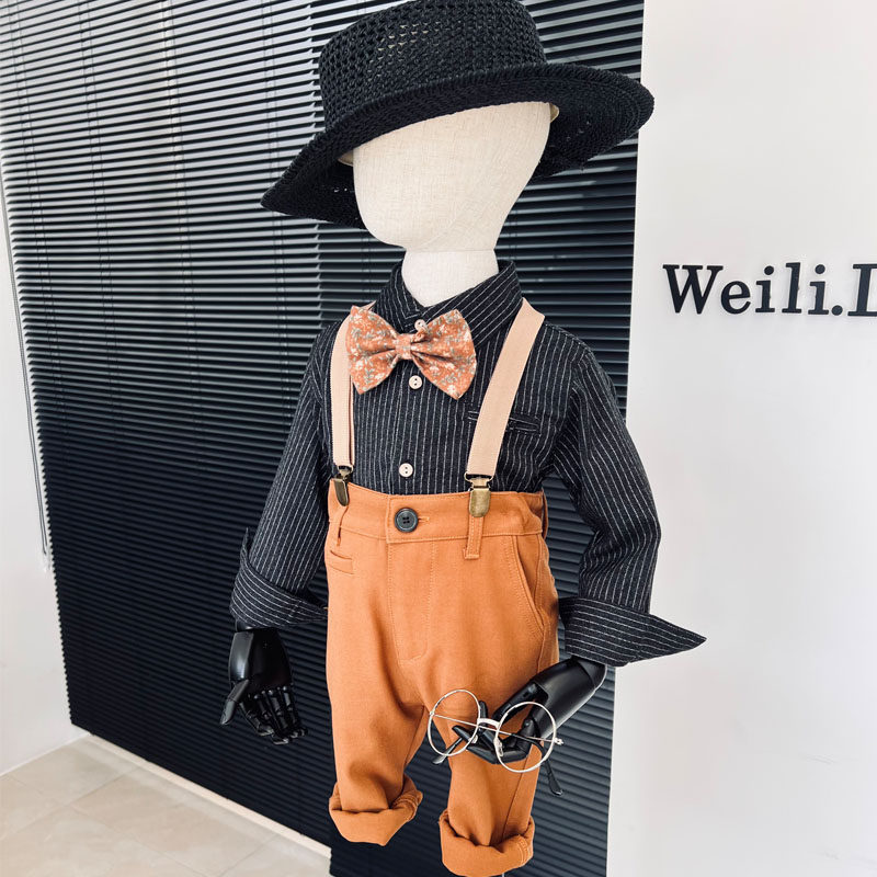 男童英伦风套装礼服 秋季新款条纹背带裤套装花童礼服演出服西服