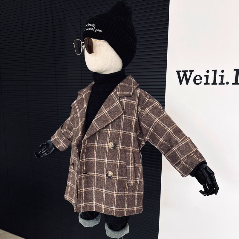 秋季男童羊毛呢子大衣 韩版新款格子薄棉风衣绅士西装外套洋气