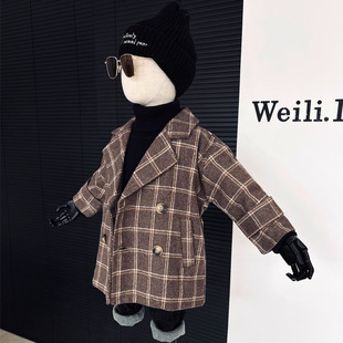 秋季男童羊毛呢子大衣 韩版新款格子薄棉风衣绅士西装外套洋气