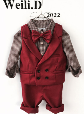男宝宝周岁抓周红色礼服男童绅士花童演出小西装马甲长袖衬衫套装