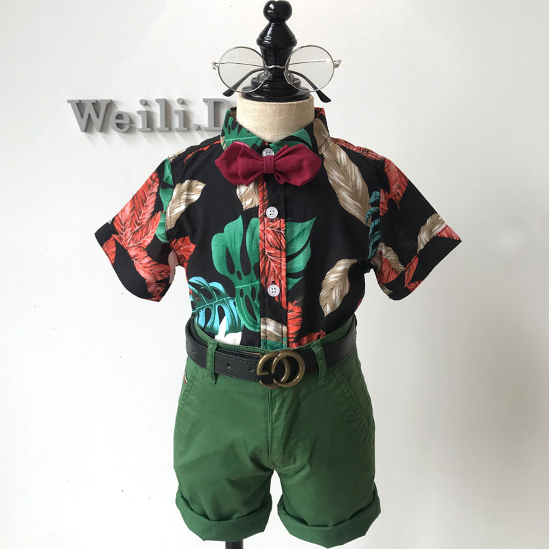 男童夏季短袖衬衫套装复古港风