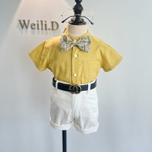 黄衬衫 2025新款 男宝宝抓周英伦风短袖 夏季 走秀高端 婴幼儿礼服套装