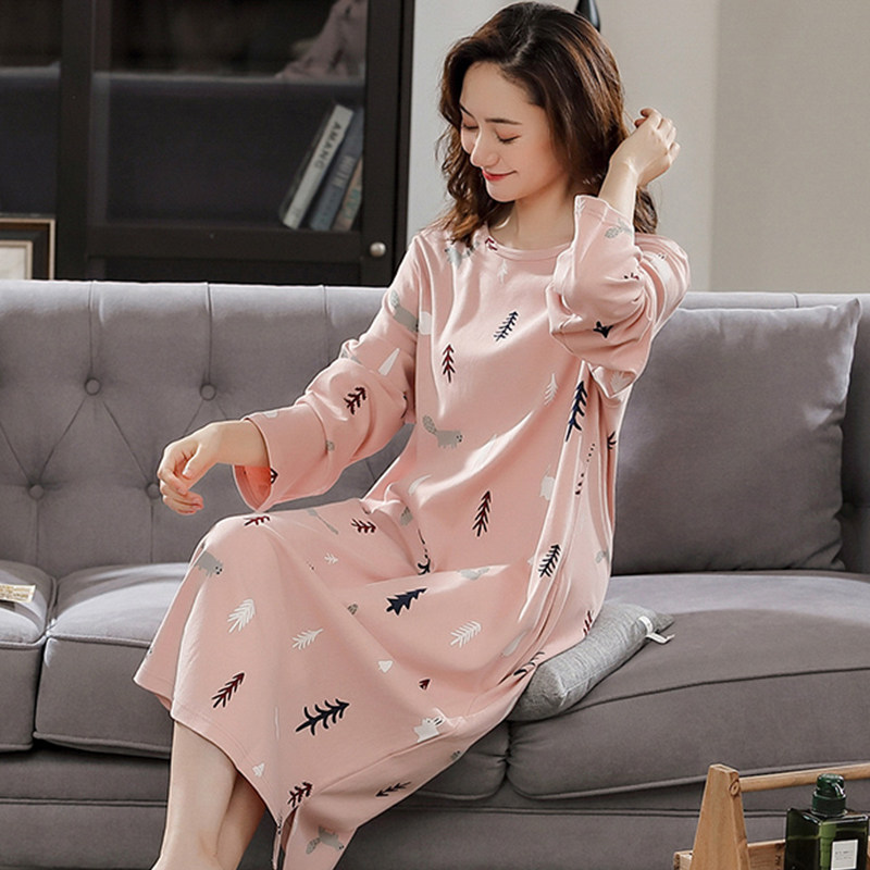 3长袖睡裙女秋冬纯棉长款过膝带胸垫带bra一体式春秋新款春季睡衣