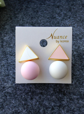 韩国进口Nuance马卡龙色时尚三角形圆球耳钉/法式复古气质耳环饰