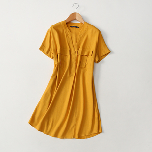 连衣裙夏季 日系简约V领两口袋天丝亚麻短袖 薄 宽松透气 外贸出口