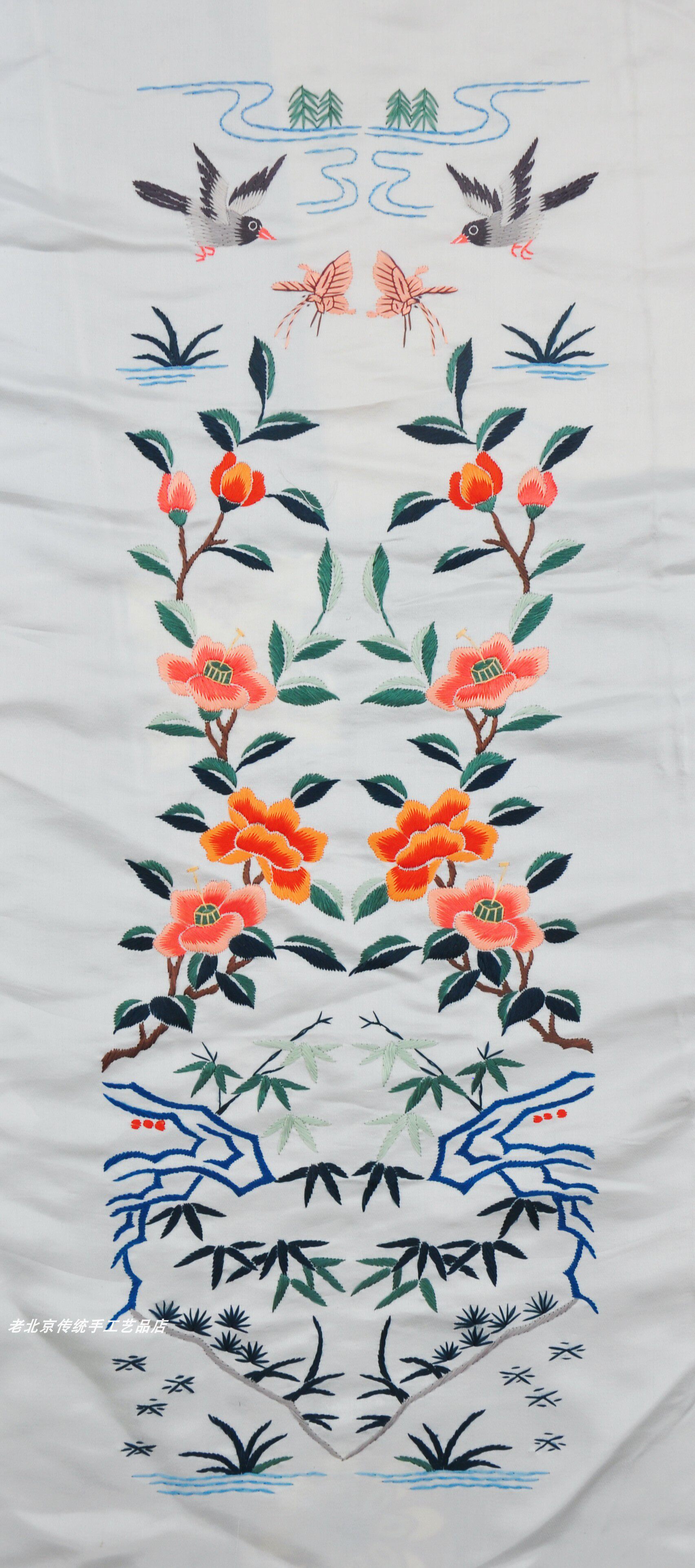 手工绣品回流老绣片京绣真丝手工刺绣装饰画壁画双枝花鸟布料包贴