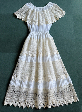 镂空编织棉质花边 +压褶肌理棉布 白色大翻领连身裙 from Mexico