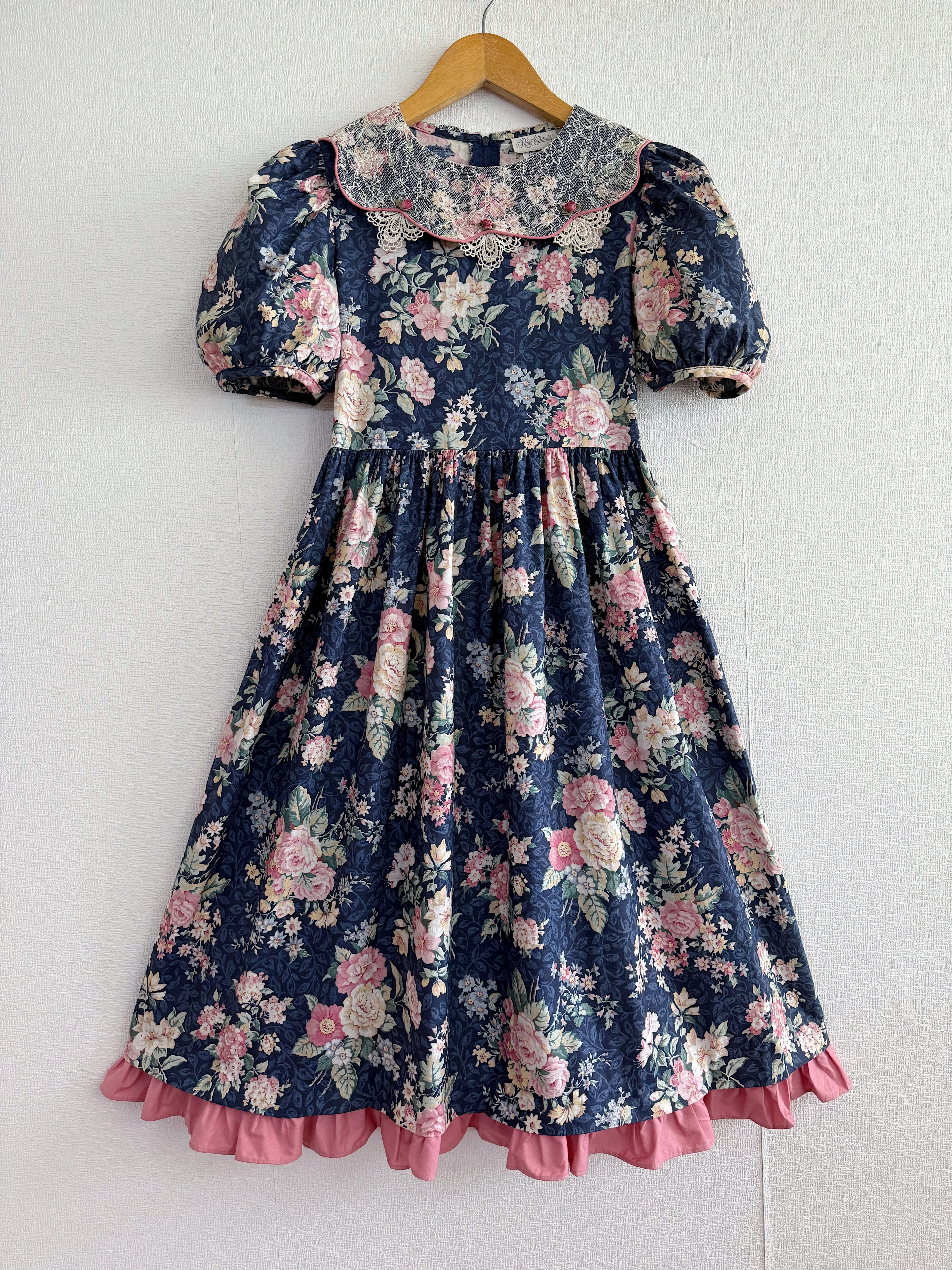 蓬蓬短袖、蕾丝大翻领、粉色滚边古董娃娃连身裙 儿童vintage