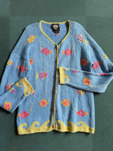 Peru 鱼吐泡泡立体手工刺绣编织棉外套Hand Loomed