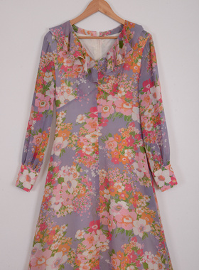 紫色系艺术花柄～1970s USA制高腰线经典版型长裙 古董尼龙纱材质