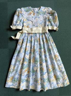 size7 童装vintage （1980s USA）黄蓝色花柄翻领泡泡袖