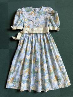 size7 童装vintage (1980s USA)黄蓝色花柄翻领泡泡袖