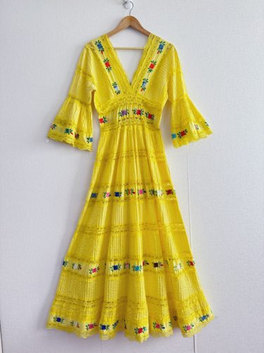 1 9 7 0s墨西哥手工刺绣长礼服 鹅黄色款 蕾丝相间 小姬袖很重磅
